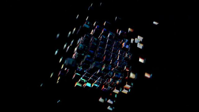 Scattered glass cubes floating and assembling into a large cube before drifting apart on a dark black background, data assembly and integration concept, seamless loop, 3d rendered animation