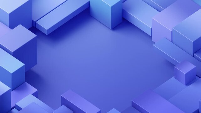 Dark blue isometric blocks shifting around an empty center, minimal geometric background with copy space, seamless loop, 3d rendered animation