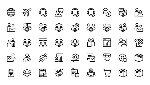Versatile icon set representing business, people, finance, and technology for digital platforms.
