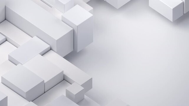 White isometric blocks shifting around an empty center, minimal geometric background with copy space, seamless loop, 3d rendered animation