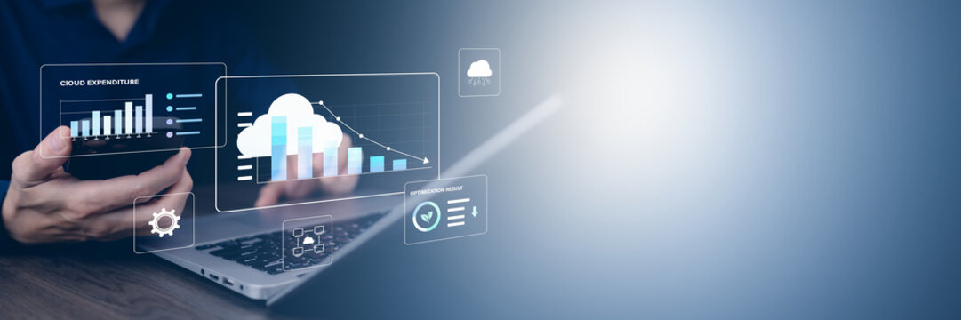 Cloud cost optimization dashboard with declining expense charts, resource management icons and efficiency indicators, illustrating FinOps and cloud spending control with wide copy space.