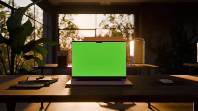 Laptop with green screen mockup on desk in biophilic office - looped video template