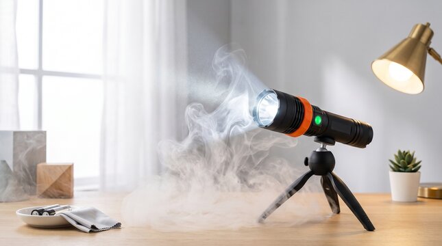 Orange-and-black handheld flashlight producing vapor-like steam in a bright home interior, dramatic sci‑fi mood against a softly lit background with copy space
