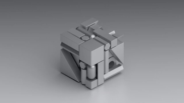Silver metallic geometric pieces falling and locking together into a cube on a gray background, problem solving and engineering concept, seamless loop, 3d rendered animation