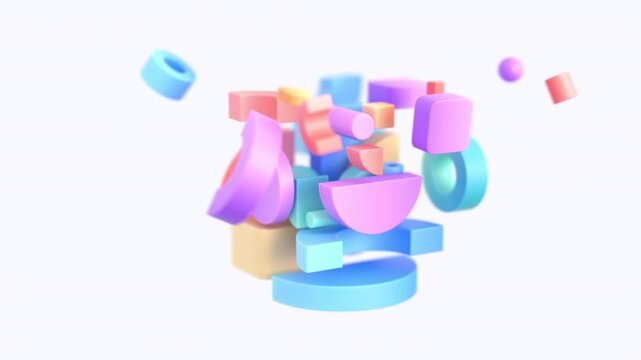 Colorful pastel geometric shapes flying together into a cluster and scattering on a light background, creativity and ideas concept, seamless loop, 3d rendered animation