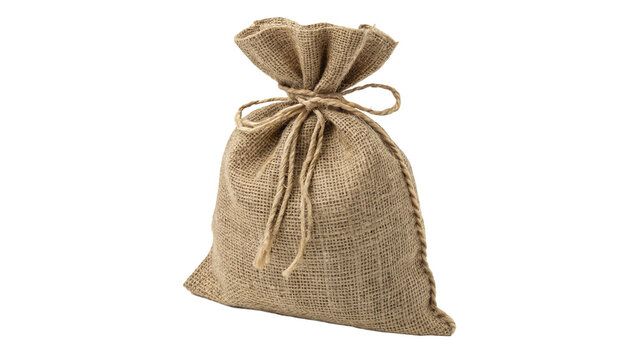 Small rustic brown burlap sack bag closed with rope twine isolated on transparent background.