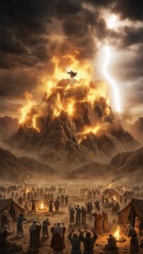 Divine law impartation: Moses receive, ten commandment, Sinai mountain, Israelite witness, heaven thunder, fiery peak, desert camp.