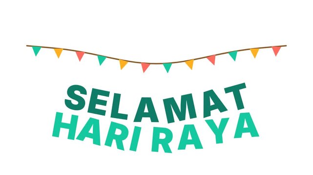 Green Text Selamat Hari Raya Greeting Floating Colorful Flags