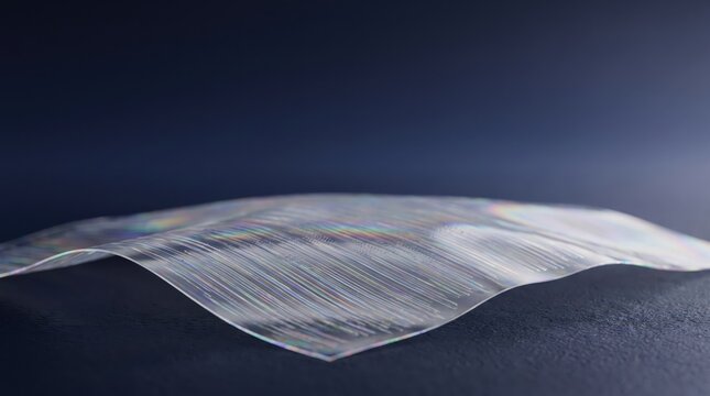 Abstract holographic film with iridescent texture and light diffraction patterns, curved surface reflecting rainbow colors on a dark background, futuristic material design concept