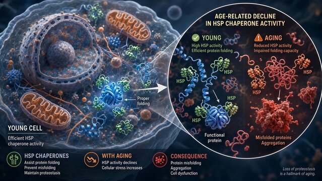 3d medical illustration of aging cell showing decline in heat shock protein hsp chaperone activity leading to protein misfolding, accumulation, and cellular proteotoxicity