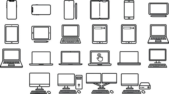 Minimalist device icons set, modern smartphone tablet laptop monitor vector illustrations, digital gadget outline symbols for UI design
