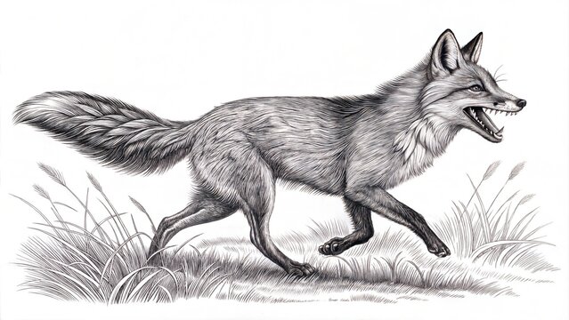 Running fox animal engraving vector illustration