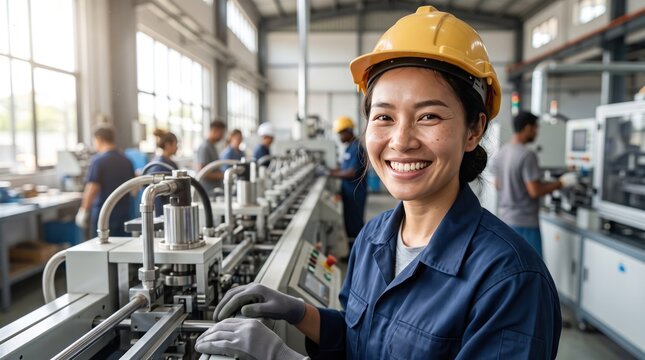A smiling female worker in a yellow hard hat and blue uniform stands in a factory with industrial machinery. She is looking at the camera with a confident expression.
