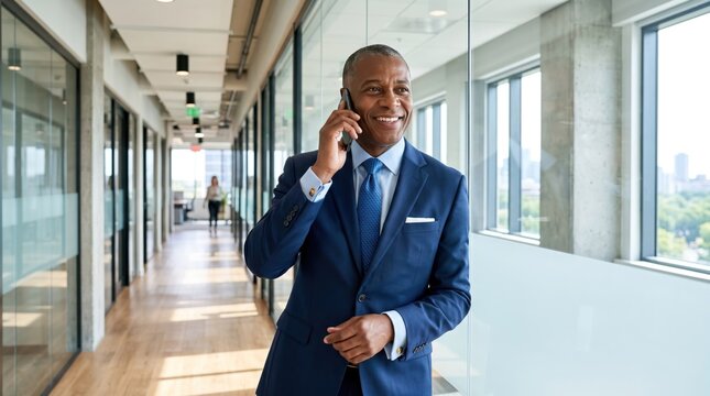 A confident businessman in a blue suit talking on his phone in a modern office hallway. He is smiling and looking to the side.