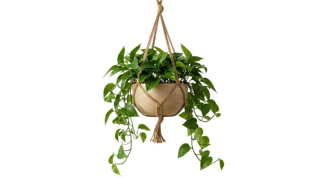 Green houseplant hanging in a decorative pot with rope isolated on transparent background