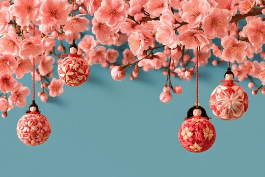 桃の花と手まりのオーナメントのひな祭り背景