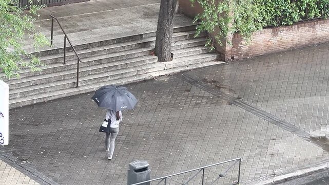 Lluvia, paraguas, chaparr&oacute;n de agua y llover gotas de lluvia en borrasca acera calle de ciudad