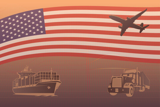 US logistics industry and supply chain vector background with cargo airplane, container ship and delivery semi truck and American flag