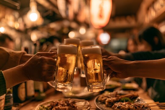 居酒屋で生ビールと焼き鳥で乾杯する仲間