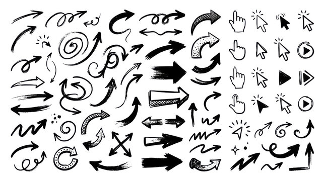 Set of black hand drawn arrows and doodle symbols isolated on transparent background