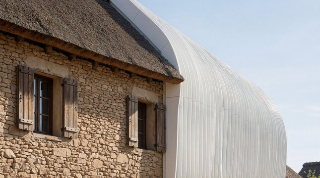 Architectural contrast showing historic cob wall with wooden shutters meeting a modern futuristic parametric white composite facade