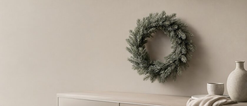 Minimalist Christmas Wreath on a Beige Wall with Decorative Household Accessories for Winter Decor