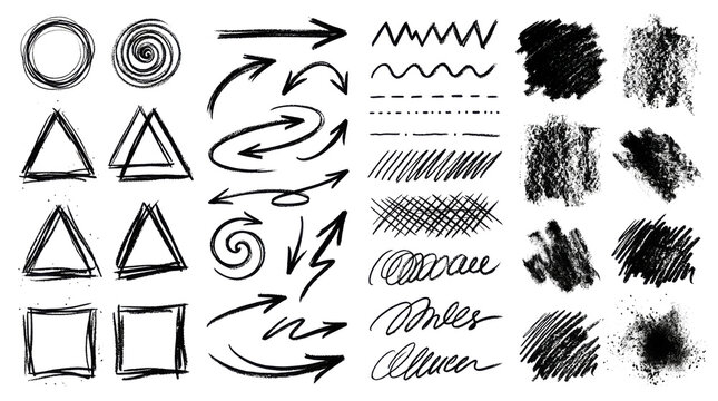 Set of black hand drawn doodle shapes and textures isolated on transparent background