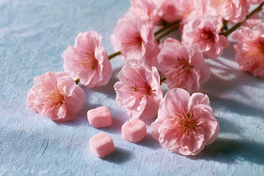 パステルブルーの布に置いた桃の花とひなあられ
