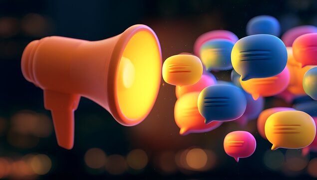 Orange megaphone blasts colorful speech bubbles, symbolizing communication and announcements