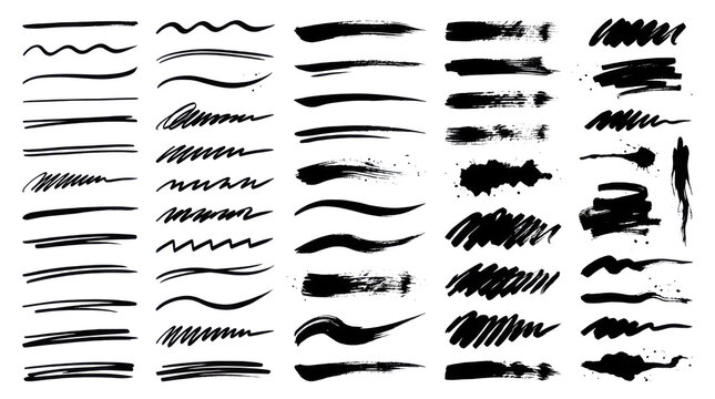 Set of black ink brush stroke lines and textures isolated on transparent background