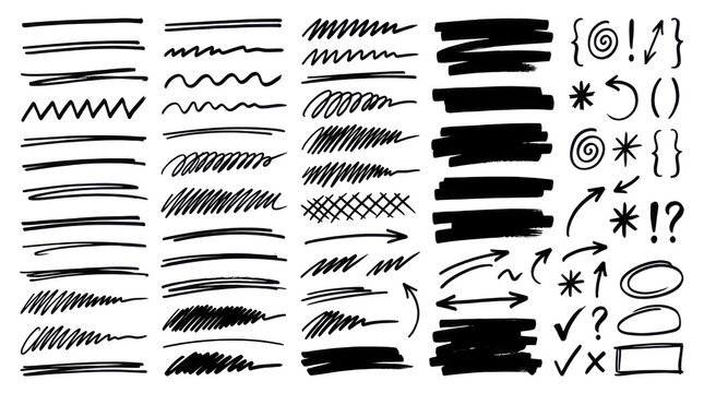 Set of black marker brush strokes and hand drawn lines isolated on transparent background