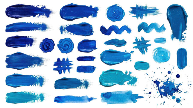 Set of blue watercolor paint brush strokes and ink splashes isolated on transparent background