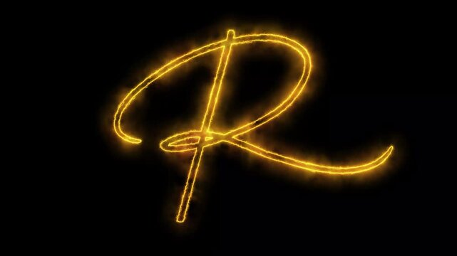 Neon Glowing yellow gold Letter R Animation on transparent background.