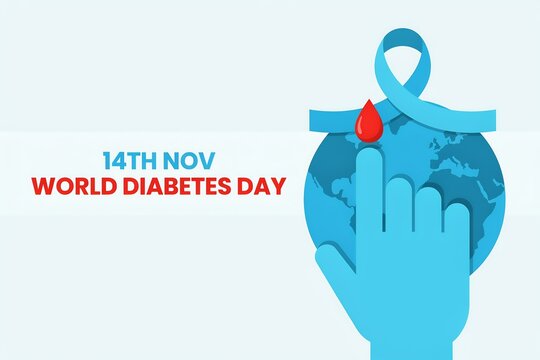 World diabetes day design featuring a finger prick, red blood drop, blue ribbon, and a globe illustration
