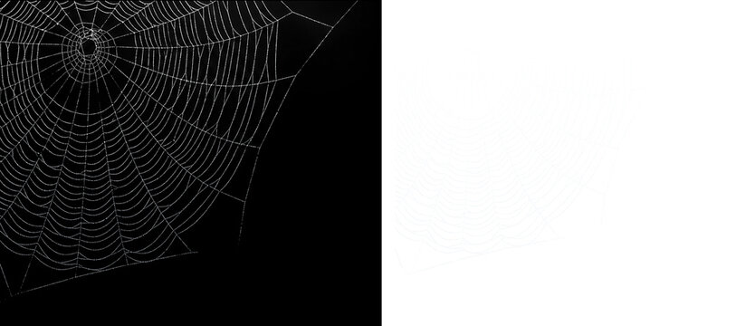 Spider Web Corner, curved white spider web top corner isolated on transparent background