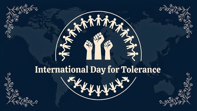 International day for tolerance with people holding hands and raised fists on a world map background