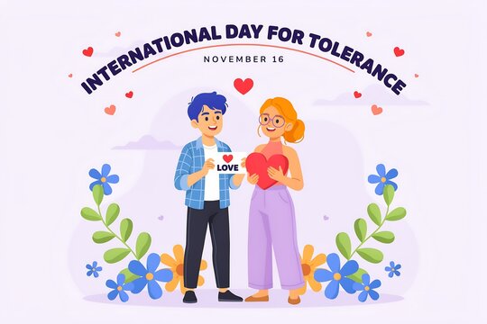 International day for tolerance illustration with a young couple holding love sign and heart