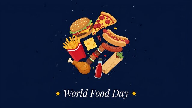 World food day celebration poster with various fast food items on dark blue background