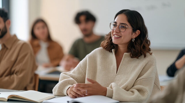 A woman attending her first language class after emigrating, sitting among students from different countries, notebooks open and unfamiliar words written on the board, a welcoming