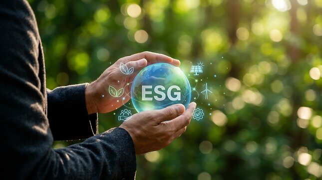 Hands holding ESG earth globe cutout sign with green nature bokeh background and sustainability icons. Corporate social responsibility concept.