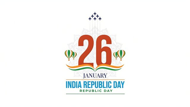 India republic day celebration design with 26 january date, jets, balloons, and text, isolated on white background