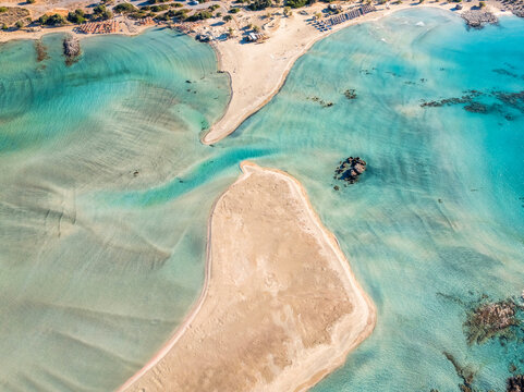 Aerial view of Elafonisi lagoon and beach in Crete, Greece