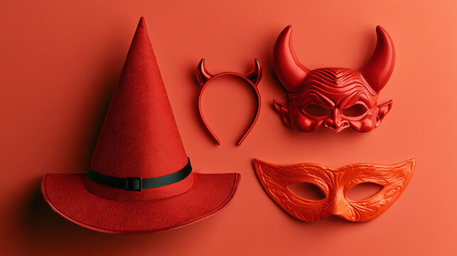 Red Halloween costume props with witch hat and devil mask on red backgr