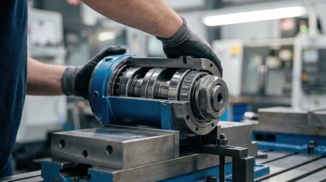 precision machining: Technician assembling a sectioned CNC spindle cartridge revealing angular contact bearings, spacers and preload locknut in a machining workshop