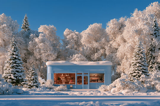 Retro Light Blue Cafe Exterior in a Snowy Winter Village with Christmas Trees