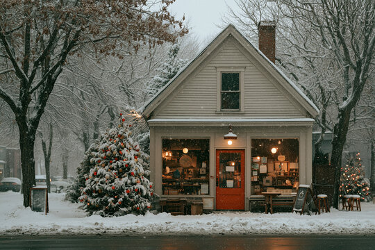 Retro White Cafe Exterior in a Snowy Winter Village with Christmas Trees