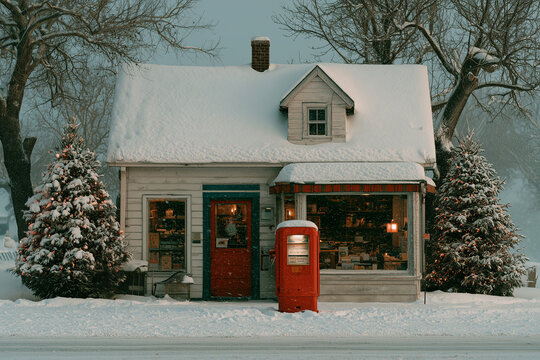 Retro White Cafe Exterior in a Snowy Winter Village with Christmas Trees