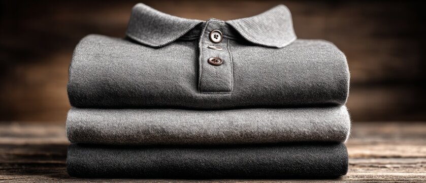 A stack of three folded grey polo shirts rests on a wooden surface against a blurred background.