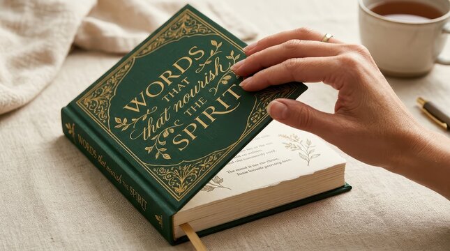 Hand opening a vintage book with inspiring quotes about nourishing the spirit, close-up