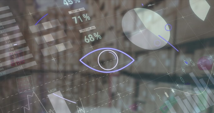 Digital interface displaying eye icon and data analytics in futuristic setting
